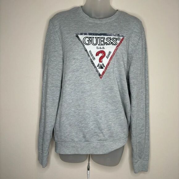 Guess Sweatshirt Slim Fit Logo Questionmark Crewneck Grey gray Size Medium - Picture 1 of 7